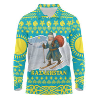 Kazakhstan Christmas Long Sleeve Polo Shirt with Santa Skiing in Traditional Outfit Snow Mountain and Sun Pattern - Wonder Print Shop