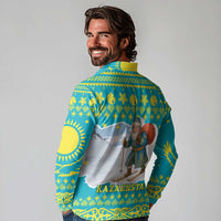 Kazakhstan Christmas Long Sleeve Polo Shirt with Santa Skiing in Traditional Outfit Snow Mountain and Sun Pattern - Wonder Print Shop