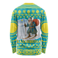 Kazakhstan Christmas Long Sleeve Shirt with Santa Skiing in Traditional Outfit Snow Mountain and Sun Pattern - Wonder Print Shop