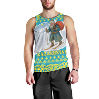 Kazakhstan Christmas Men Tank Top with Santa Skiing in Traditional Outfit Snow Mountain and Sun Pattern - Wonder Print Shop
