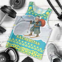 Kazakhstan Christmas Men Tank Top with Santa Skiing in Traditional Outfit Snow Mountain and Sun Pattern - Wonder Print Shop