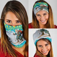 Kazakhstan Christmas Neck Gaiter with Santa Skiing in Traditional Outfit Snow Mountain and Sun Pattern - Wonder Print Shop