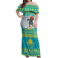 Kazakhstan Christmas Off Shoulder Maxi Dress with Santa Skiing in Traditional Outfit Snow Mountain and Sun Pattern - Wonder Print Shop