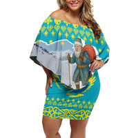 Kazakhstan Christmas Off Shoulder Short Dress with Santa Skiing in Traditional Outfit Snow Mountain and Sun Pattern - Wonder Print Shop