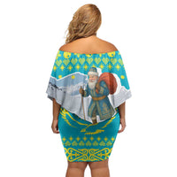 Kazakhstan Christmas Off Shoulder Short Dress with Santa Skiing in Traditional Outfit Snow Mountain and Sun Pattern - Wonder Print Shop