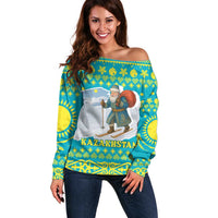 Kazakhstan Christmas Off Shoulder Sweater with Santa Skiing in Traditional Outfit Snow Mountain and Sun Pattern - Wonder Print Shop