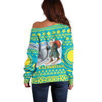 Kazakhstan Christmas Off Shoulder Sweater with Santa Skiing in Traditional Outfit Snow Mountain and Sun Pattern - Wonder Print Shop