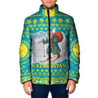 Kazakhstan Christmas Padded Jacket with Santa Skiing in Traditional Outfit Snow Mountain and Sun Pattern - Wonder Print Shop