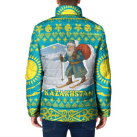 Kazakhstan Christmas Padded Jacket with Santa Skiing in Traditional Outfit Snow Mountain and Sun Pattern - Wonder Print Shop