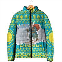 Kazakhstan Christmas Padded Jacket with Santa Skiing in Traditional Outfit Snow Mountain and Sun Pattern - Wonder Print Shop