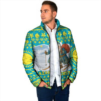 Kazakhstan Christmas Padded Jacket with Santa Skiing in Traditional Outfit Snow Mountain and Sun Pattern - Wonder Print Shop