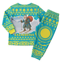 Kazakhstan Christmas Pajama Set with Santa Skiing in Traditional Outfit Snow Mountain and Sun Pattern - Wonder Print Shop