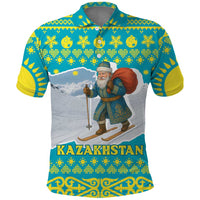 Kazakhstan Christmas Polo Shirt with Santa Skiing in Traditional Outfit Snow Mountain and Sun Pattern - Wonder Print Shop