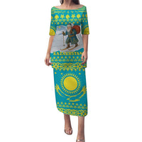 Kazakhstan Christmas Puletasi with Santa Skiing in Traditional Outfit Snow Mountain and Sun Pattern - Wonder Print Shop