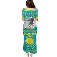 Kazakhstan Christmas Puletasi with Santa Skiing in Traditional Outfit Snow Mountain and Sun Pattern - Wonder Print Shop