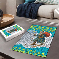 Kazakhstan Christmas Puzzle with Santa Skiing in Traditional Outfit Snow Mountain and Sun Pattern - Wonder Print Shop
