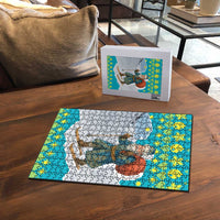 Kazakhstan Christmas Puzzle with Santa Skiing in Traditional Outfit Snow Mountain and Sun Pattern - Wonder Print Shop