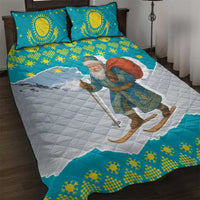 Kazakhstan Christmas Quilt Bed Set with Santa Skiing in Traditional Outfit Snow Mountain and Sun Pattern - Wonder Print Shop