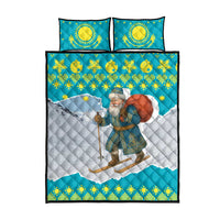 Kazakhstan Christmas Quilt Bed Set with Santa Skiing in Traditional Outfit Snow Mountain and Sun Pattern - Wonder Print Shop