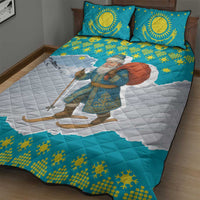 Kazakhstan Christmas Quilt Bed Set with Santa Skiing in Traditional Outfit Snow Mountain and Sun Pattern - Wonder Print Shop