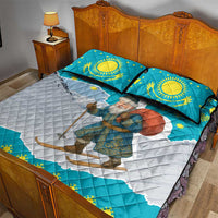 Kazakhstan Christmas Quilt Bed Set with Santa Skiing in Traditional Outfit Snow Mountain and Sun Pattern - Wonder Print Shop