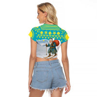 Kazakhstan Christmas Raglan Cropped T Shirt with Santa Skiing in Traditional Outfit Snow Mountain and Sun Pattern - Wonder Print Shop