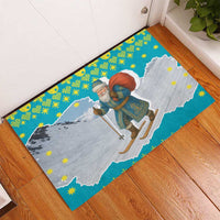 Kazakhstan Christmas Rubber Doormat with Santa Skiing in Traditional Outfit Snow Mountain and Sun Pattern - Wonder Print Shop