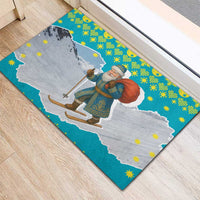 Kazakhstan Christmas Rubber Doormat with Santa Skiing in Traditional Outfit Snow Mountain and Sun Pattern - Wonder Print Shop