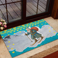 Kazakhstan Christmas Rubber Doormat with Santa Skiing in Traditional Outfit Snow Mountain and Sun Pattern - Wonder Print Shop