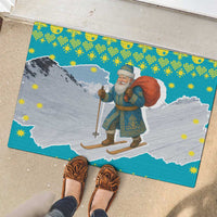 Kazakhstan Christmas Rubber Doormat with Santa Skiing in Traditional Outfit Snow Mountain and Sun Pattern - Wonder Print Shop