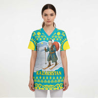 Kazakhstan Christmas Scrub Top with Santa Skiing in Traditional Outfit Snow Mountain and Sun Pattern - Wonder Print Shop