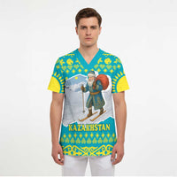 Kazakhstan Christmas Scrub Top with Santa Skiing in Traditional Outfit Snow Mountain and Sun Pattern - Wonder Print Shop