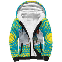 Kazakhstan Christmas Sherpa Hoodie with Santa Skiing in Traditional Outfit Snow Mountain and Sun Pattern - Wonder Print Shop