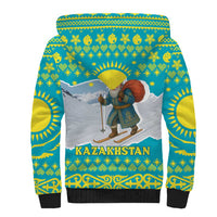 Kazakhstan Christmas Sherpa Hoodie with Santa Skiing in Traditional Outfit Snow Mountain and Sun Pattern - Wonder Print Shop