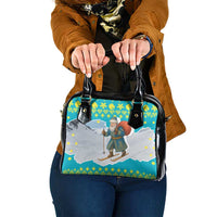 Kazakhstan Christmas Shoulder Handbag with Santa Skiing in Traditional Outfit Snow Mountain and Sun Pattern - Wonder Print Shop