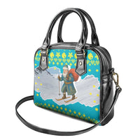 Kazakhstan Christmas Shoulder Handbag with Santa Skiing in Traditional Outfit Snow Mountain and Sun Pattern - Wonder Print Shop