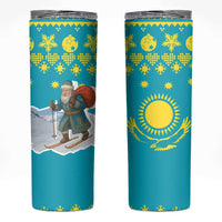 Kazakhstan Christmas Skinny Tumbler with Santa Skiing in Traditional Outfit Snow Mountain and Sun Pattern - Wonder Print Shop