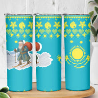Kazakhstan Christmas Skinny Tumbler with Santa Skiing in Traditional Outfit Snow Mountain and Sun Pattern - Wonder Print Shop