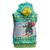 Kazakhstan Christmas Sleeveless Hoodie with Santa Skiing in Traditional Outfit Snow Mountain and Sun Pattern - Wonder Print Shop