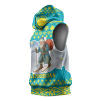 Kazakhstan Christmas Sleeveless Hoodie with Santa Skiing in Traditional Outfit Snow Mountain and Sun Pattern - Wonder Print Shop
