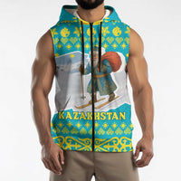 Kazakhstan Christmas Sleeveless Zip Hoodie with Santa Skiing in Traditional Outfit Snow Mountain and Sun Pattern - Wonder Print Shop