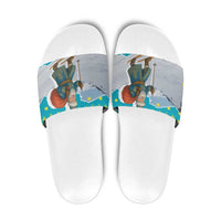 Kazakhstan Christmas Slide Sandals with Santa Skiing in Traditional Outfit Snow Mountain and Sun Pattern - Wonder Print Shop