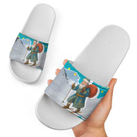 Kazakhstan Christmas Slide Sandals with Santa Skiing in Traditional Outfit Snow Mountain and Sun Pattern - Wonder Print Shop