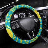 Kazakhstan Christmas Steering Wheel Cover with Santa Skiing in Traditional Outfit Snow Mountain and Sun Pattern - Wonder Print Shop