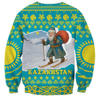 Kazakhstan Christmas Sweatshirt with Santa Skiing in Traditional Outfit Snow Mountain and Sun Pattern - Wonder Print Shop