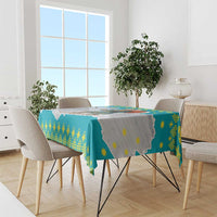 Kazakhstan Christmas Tablecloth with Santa Skiing in Traditional Outfit Snow Mountain and Sun Pattern - Wonder Print Shop