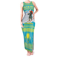 Kazakhstan Christmas Tank Maxi Dress with Santa Skiing in Traditional Outfit Snow Mountain and Sun Pattern - Wonder Print Shop