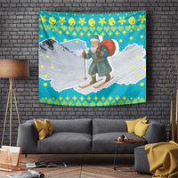 Kazakhstan Christmas Tapestry with Santa Skiing in Traditional Outfit Snow Mountain and Sun Pattern - Wonder Print Shop