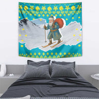Kazakhstan Christmas Tapestry with Santa Skiing in Traditional Outfit Snow Mountain and Sun Pattern - Wonder Print Shop