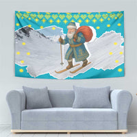 Kazakhstan Christmas Tapestry with Santa Skiing in Traditional Outfit Snow Mountain and Sun Pattern - Wonder Print Shop